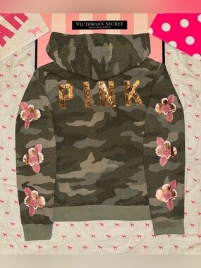VS PINK FULL ZIP HOODIE SWEATSHIRT CAMO FLORAL HIBISCUS DOG PUP BLING HTF NWOT L